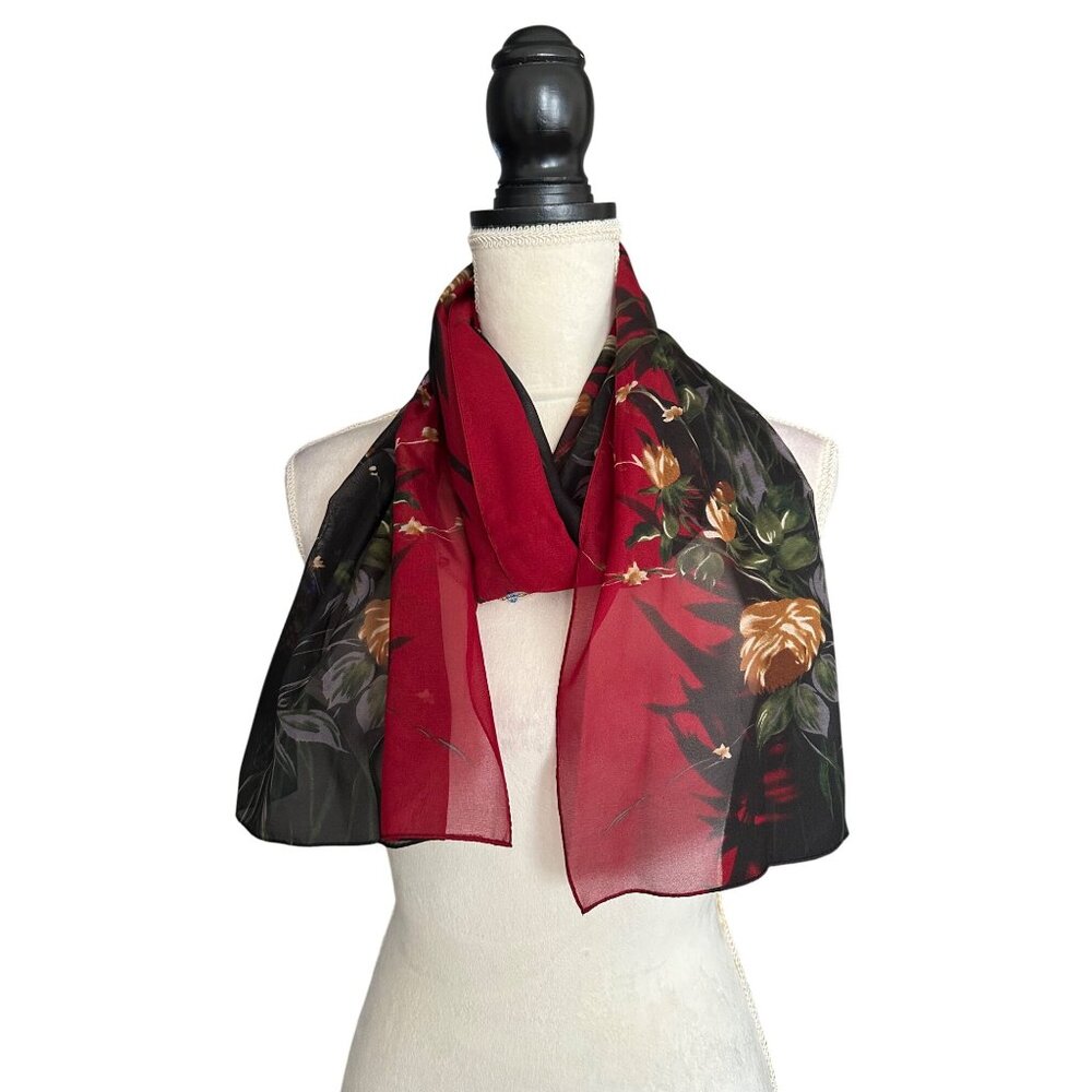 Floral Chiffon Scarf By Worthington - Red & Black With Gold Rose Pattern